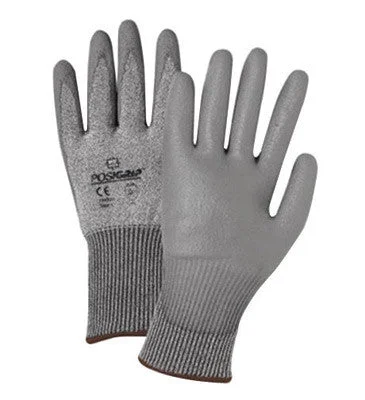 thick gloves -  West Chester Medium Gray PosiGrip Seamless Knit 13 ga Light Weight Cut Resistant Gloves With Elastic Cuff, Taeki 5 Lined And Polyurethane Coating