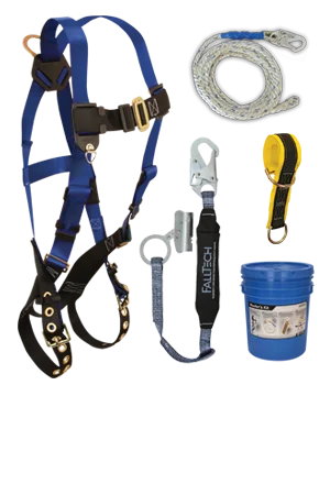 repair gloves -  FallTech 7016 Harness; 8150 Vertical Lifeline, 8368 Shock Absorbing Lanyard with Trailing Grab; 7372 Pass-
through Sling Anchor