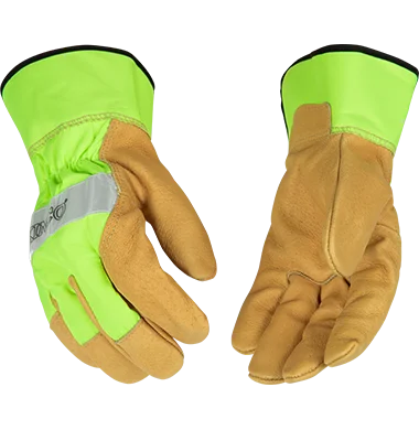 satin gloves -  Kinco 1919 Hi-vis Nylon Fabric Back and Safety Cuff Grain Pigskin Palm Gloves (One Dozen)