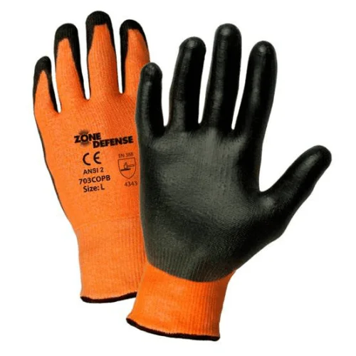 baseball gloves -  Zone Defense 703COPB 10 gauge. Orange HPPE/High Performance Yarn /Nylon/Lycra Shell with Black PU Palm Coat: EN388 4343, ANSI A2 Cut Level