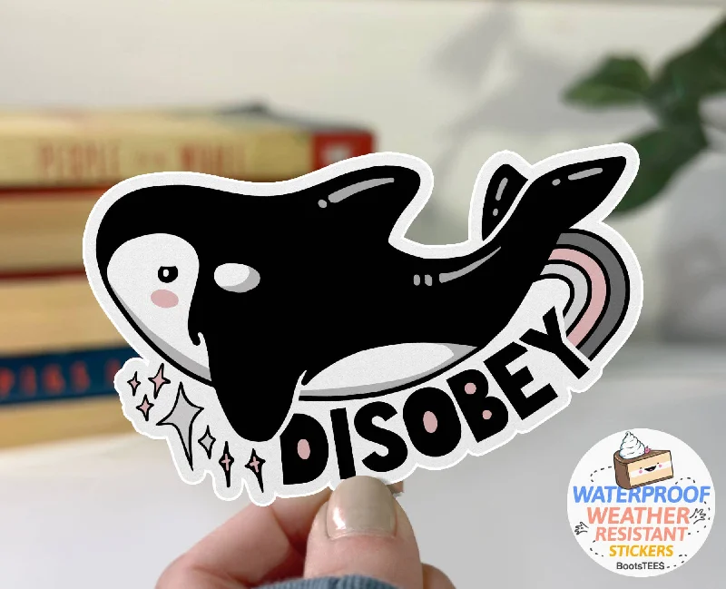 sock designs online -  Disobey Orca Sticker, 3" Waterproof Funny Quote Decal