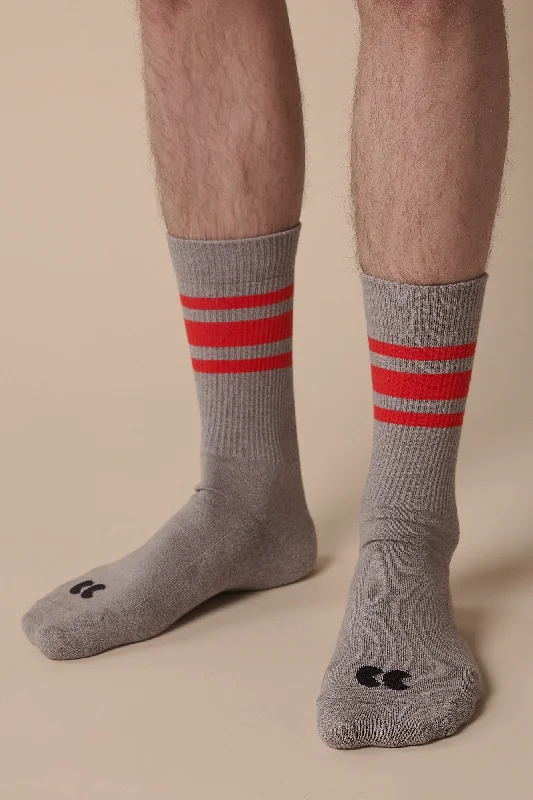 sock durability men -  Sports Cotton Sock Calf 3 Pack - Grey/Flame Red Stripe