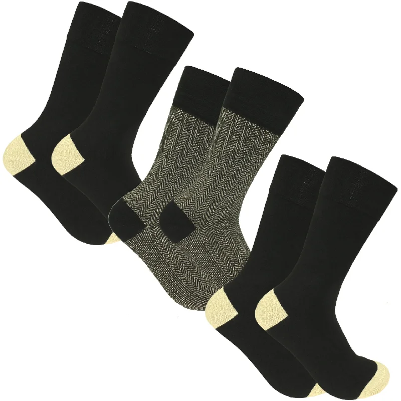 6-Pairs - Black/ Beige Herringbone