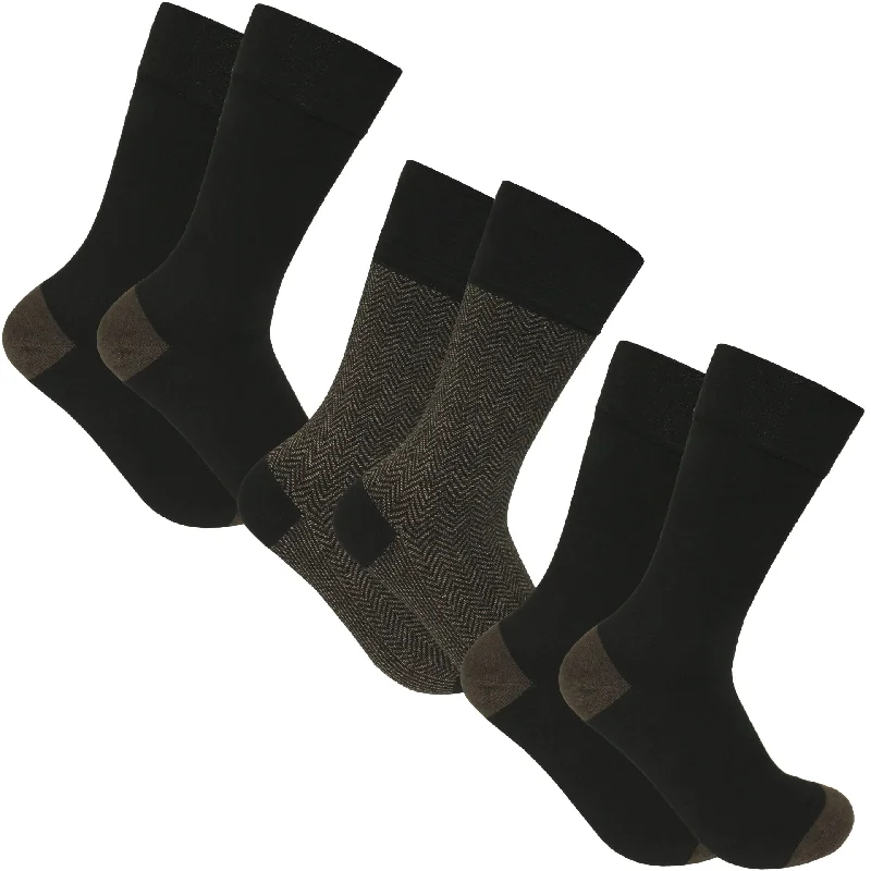 6-Pairs - Black/ Coffee Herringbone