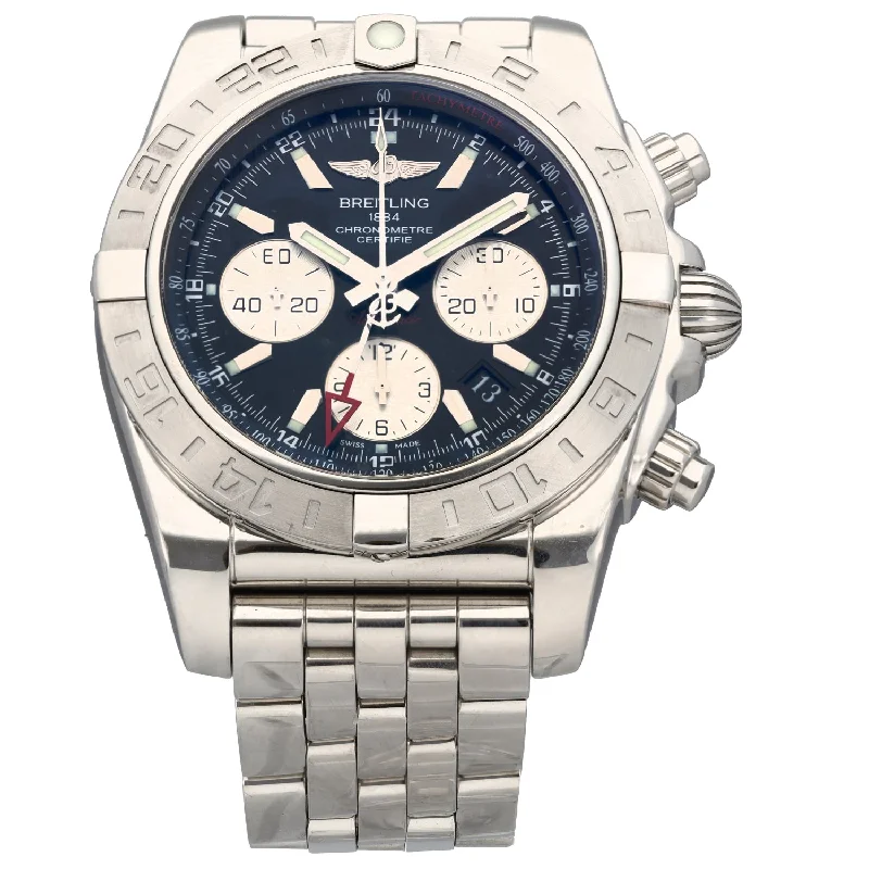 watch with blue strap -  Breitling Chronomat 44 GMT AB0420 43mm Stainless Steel Watch